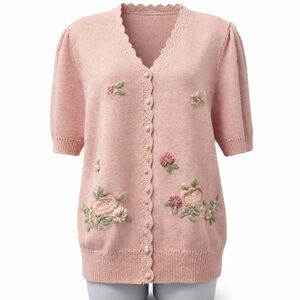 Lindsey Blake Vintage Blush Pink Embroidered Pearl Cardigan Floral Size M